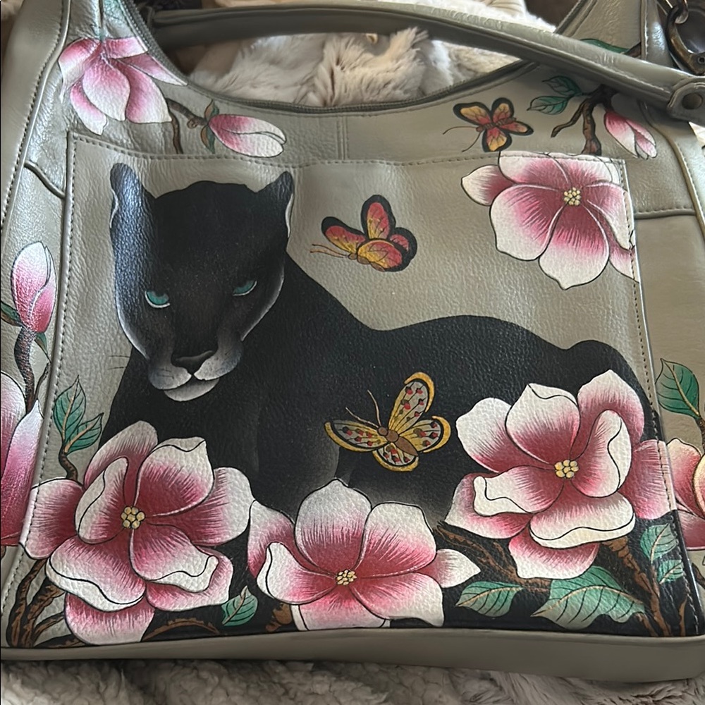 Anuschka Gray and Pink Shoulder Bag with Artistic Floral and Cat Design